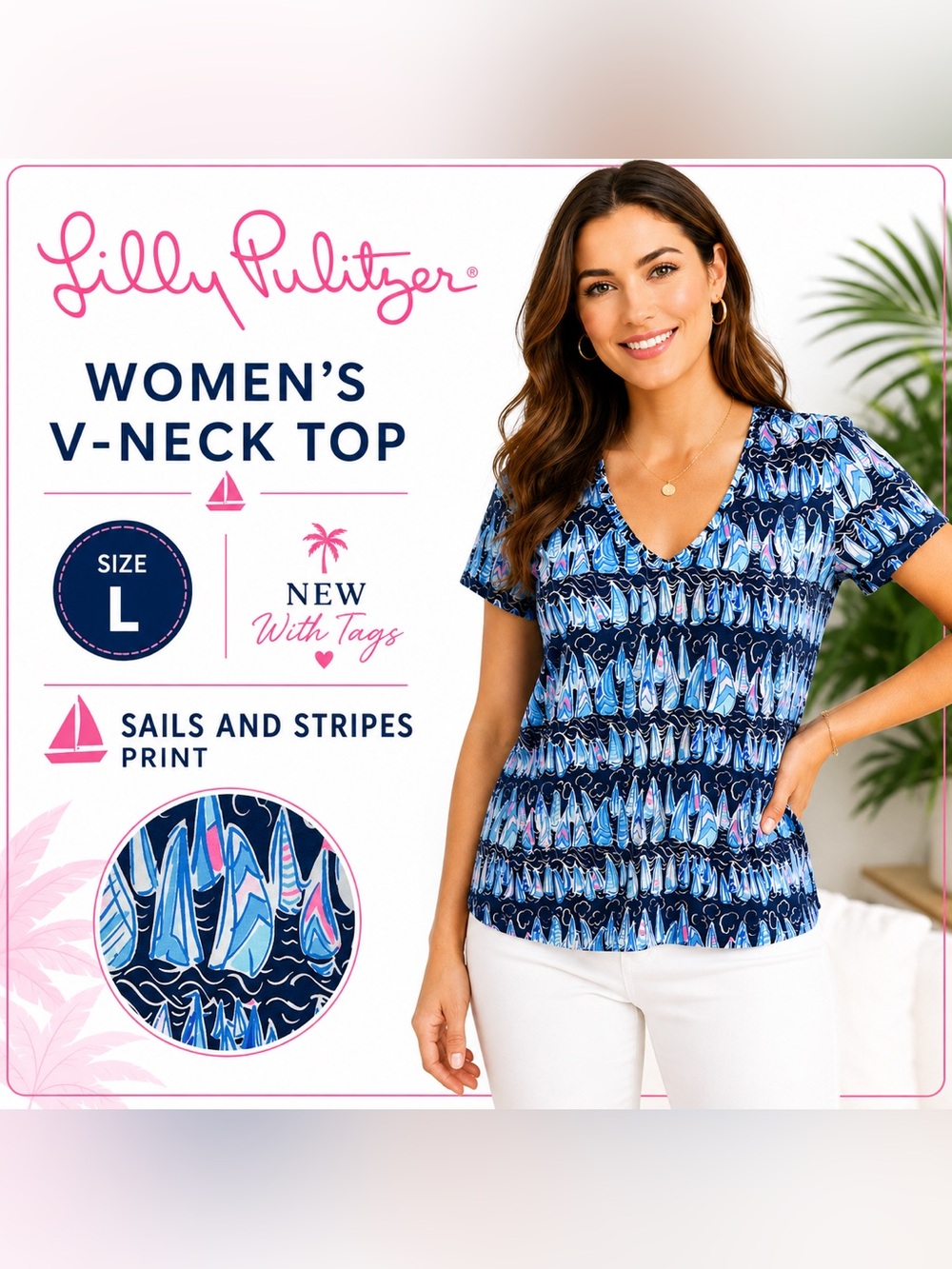 Lilly Pulitzer Sails & Stripes V-Neck Top NWT Size L - Picture 2 of 6